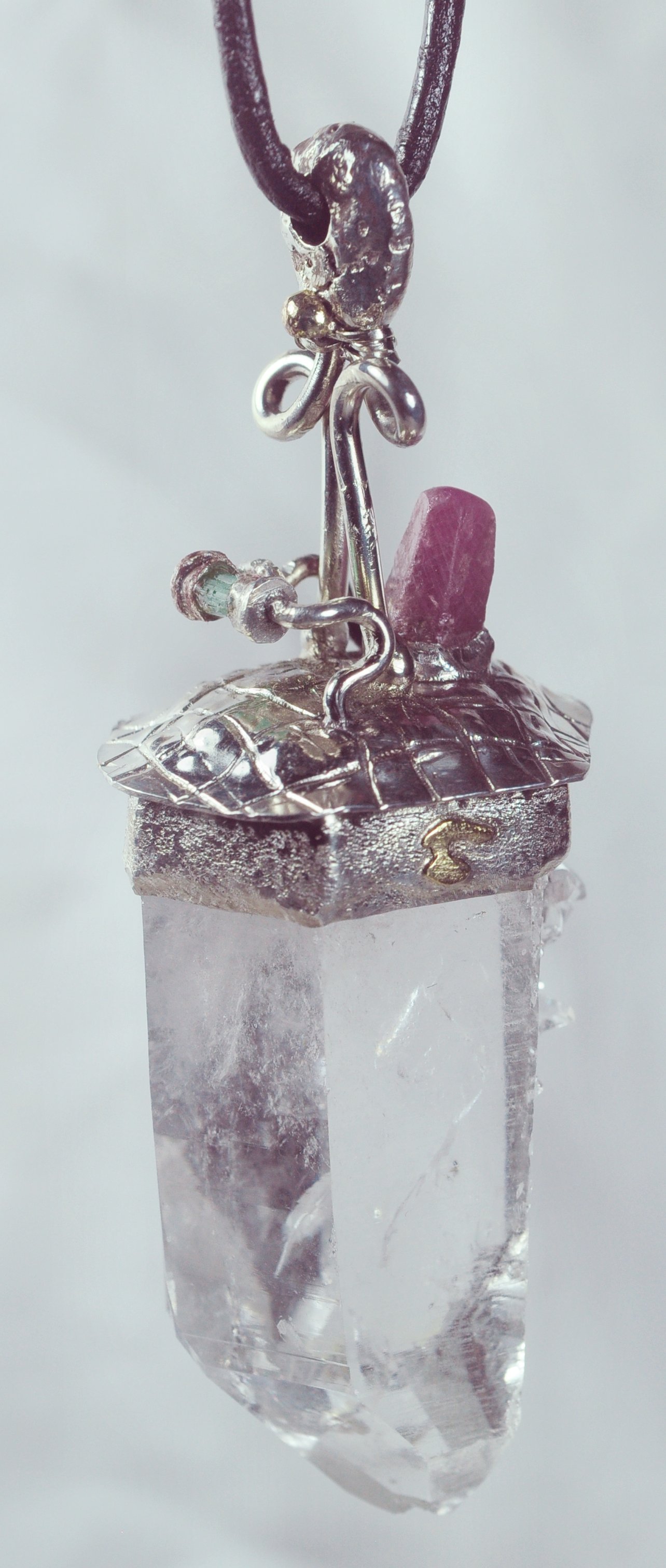 Incredible Quartz Crystal Shamanic talisman Natural Sri Lanka ruby crystal Columbian emerald crystal repousse and chased sterling cap