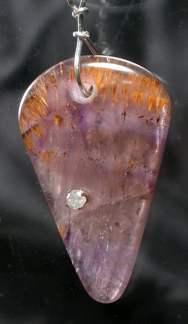 Melody's stone Cacoxinite Goethite and diamond pendant amethyst with very rare golden Goethite 1/8 ct. diamond in 14k gold setting