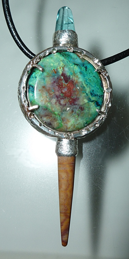 Parrot wing chrysocolla, neon apatite, wonderstone, rhyolite, talisman sterling silver